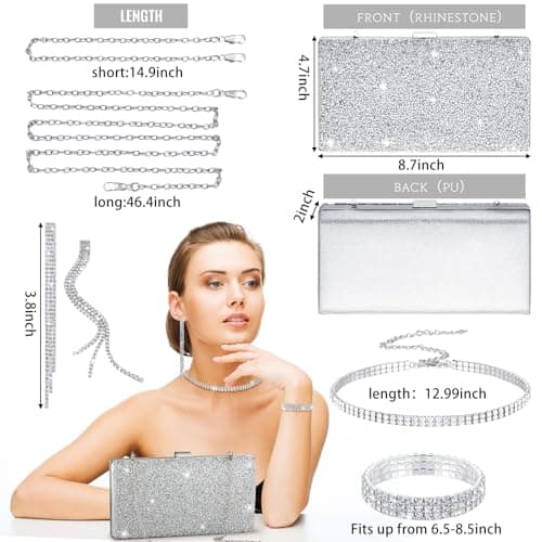 Kigeli 4 Pieces Women Rhinestone Evening Clutch Bag Bling Earring Necklace Bracelet for Wedding Graduation Prom(Silver)