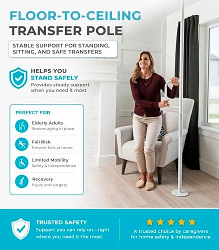 Stander Wonder Pole Lite, Adjustable Floor to Ceiling Safety Grab Bar with Security Support Handle for Fall Prevention, Tension Mounted Transfer-Pole for Adults, Seniors, and Elderly, White