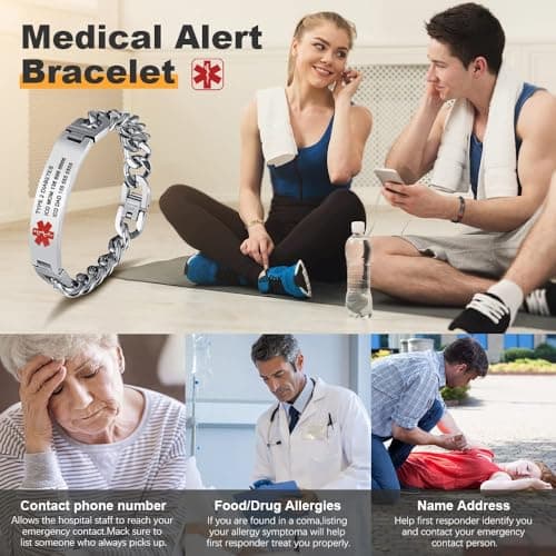 Giftider Custom Medical Alert Bracelet Engraved Emergency ID Stainless Steel Bracelets for Adults Men Women 7.5-8.5-9.8 Inch