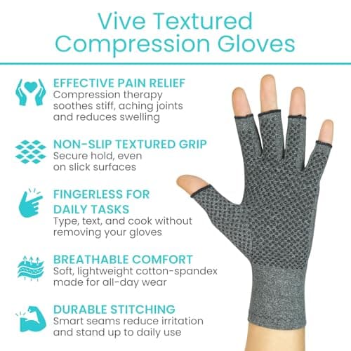 Vive Arthritis Gloves with Grips - Men & Women Textured Fingerless Compression - Open Finger Hand Gloves for Rheumatoid and Osteoarthritis - Arthritic Joint Pain Relief for Computer Typing (Large)