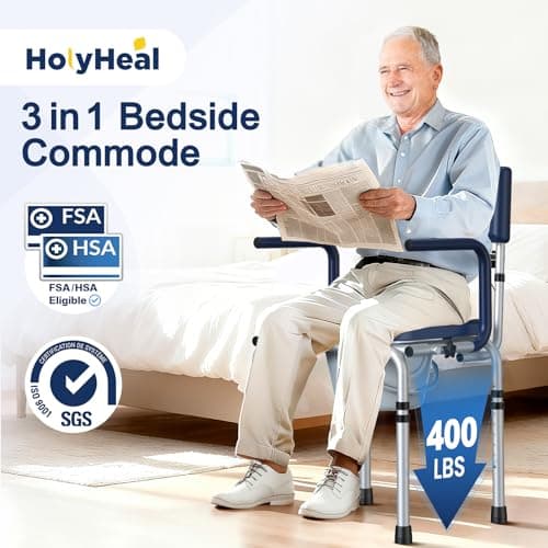 HolyHeal Drop Arm Bedside Commode, Commode Toilet with Padded Seat and Backrest, 400lbs Capacity, 6.3QT Removable Bucket and Splash Guard, Adjustable Height Portable Toilet for Adults, Blue