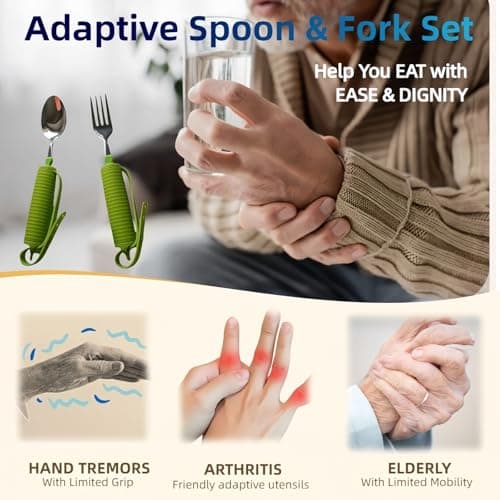 SIFFOI 2PK Weighted Spoon & Fork Set - Lime Green Hollow Silicone Grip with Secure Strap, 45° Adjustable for Left/Right Handed, Fillable Weight Up to 7 Oz, for Hand Tremors Parkinson’s Elderly