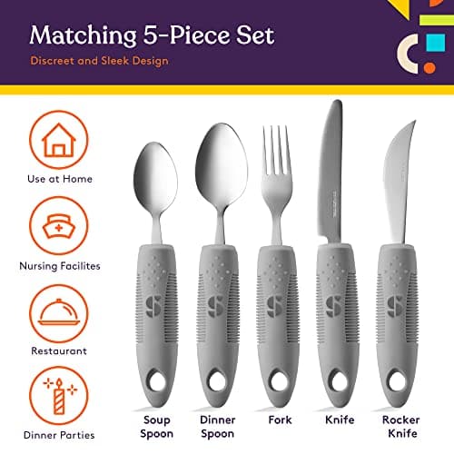 Special Supplies Adaptive Utensils (5-Piece Kitchen Set) Wide, Non-Weighted, Non-Slip Handles for Hand Tremors, Arthritis, Parkinson’s or Elderly Use (Grey)