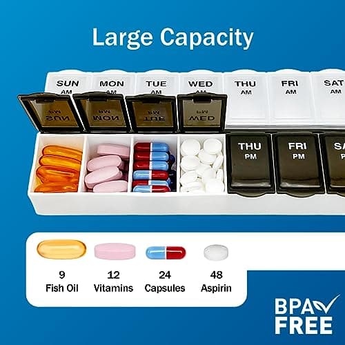 Amazon Basic Care 7-Day AM/PM Pill Organizer, Vitamin Case and Medicine Box with Large Compartments, 2 Times a Day, Black and Clear Lids