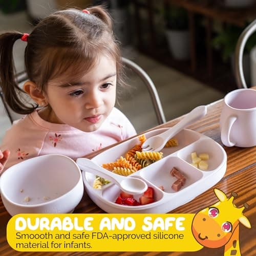 Baby Dinnerware Set by Muqee Peeko in a Sweet Lilac Color including Sets with Suction - Food Grade Silicone (5 Piece Set)