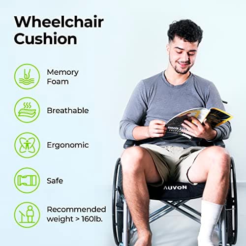 AUVON Wheelchair Seat Cushions (18"x16"x3") for Sciatica, Back, Coccyx, Pressure Sore and Ulcer Pain Relief, Memory Foam Pressure Relief Cushion with Removable Strap, Breathable & Waterproof Fabric