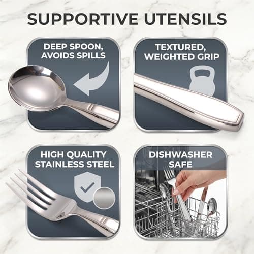 Weighted Utensils for Tremors and Parkinsons, Heavy Weight Stainless Steel Silverware Set, Adaptive Eating Flatware Helps Hand Tremors, Parkinsons Aids for Living, Arthritis - Knife, Fork, Spoons, 7oz