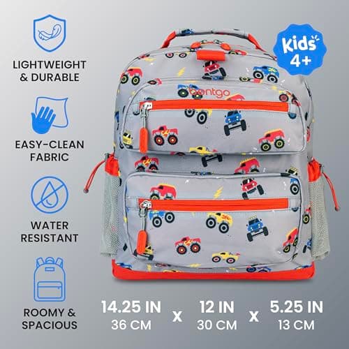 Bentgo Kids Backpack - Lightweight 14” Backpack in Fun Prints for School, Travel, & Daycare, Ideal for Ages 4+, Roomy Interior, Durable & Water-Resistant Fabric, & Loop for Lunch Bag (Trucks)