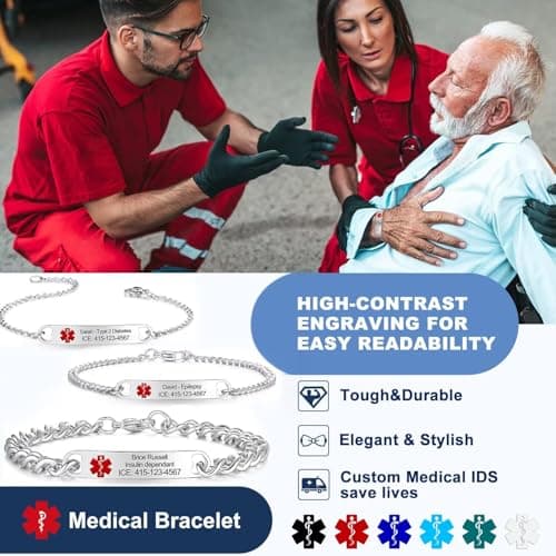 Custom Medical Alert ID Bracelets for Women & Men, Personalized ID Bracelets - 925 Sterling Silver/Stainless Steel Emergency Bracelet with Free Engraving, Adjustable 5 to 9.5 inches for Mother, Father