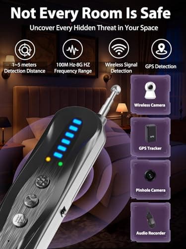 Hidden Camera Detectors,Infrared Pin-Hole Camera Finder,Wireless Camera detector, Anti-Spy Alarm and Bug Detector, GPS Tracker Detector, Portable Hidden Device Finder for Travel & Office(Black)