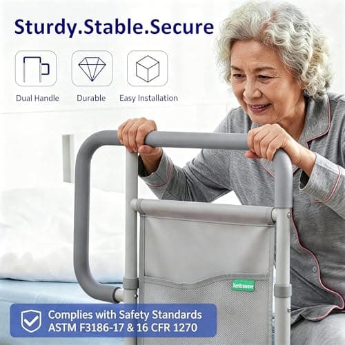 Bed Rails for Elderly Adults, ASTM Approved Bed Assist Rail with Dual Non-Slip Handles for Easily Getting in & Out of Bed, Stable Bed Railings with Storage Pocket, Load 350 LBS, Tool-Free Assembly