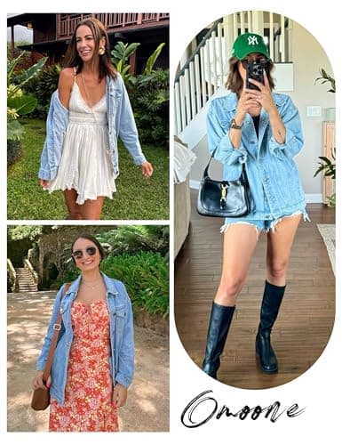 Omoone Women's Oversized Mid Long Denim Jacket Jean Biker Coat(0199-Denim Blue-M)