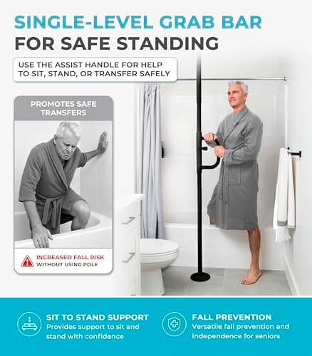 Stander Wonder Pole, Security-Pole and Curve Grab Bar, Tension Mounted Floor to Ceiling Transfer-Pole for Seniors, Elderly Adults, Bathroom Safety Assist and Stability Rail, Black