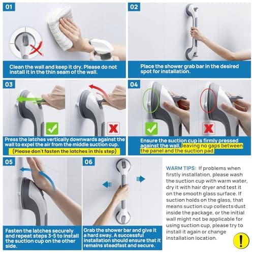 LEVERLOC 2 Pack Shower Grab Bars for Bathtubs and Showers, Easy to Install Suction Shower Handles for Bathroom Removable Handrails for Seniors Elderly Heavy Duty Safety Grip Waterproof Drill Free Gray