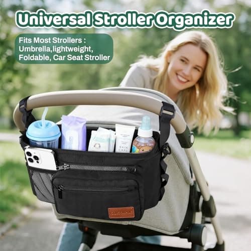 Guiseapue Universal Stroller Organizer with Cup Holder: Baby Essentials, Stroller Caddy Accessories with Detachable Phone Bag, Non-Slip Straps, Fits for Uppababy, Baby Jogger, New Moms Baby Gifts