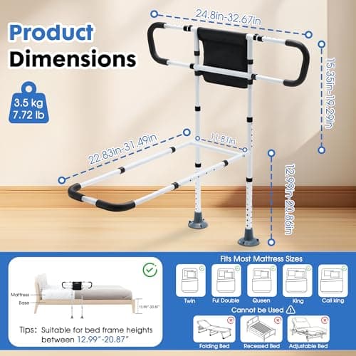 goodleben Bed Rails for Elderly Adults Safety, Bed Assist Rails for Seniors with Non-Slip Ergonomic Handle, Floor Support & Storage Pocket, Adjustable Bed Rail Fits Twin, Full, Queen & King Beds