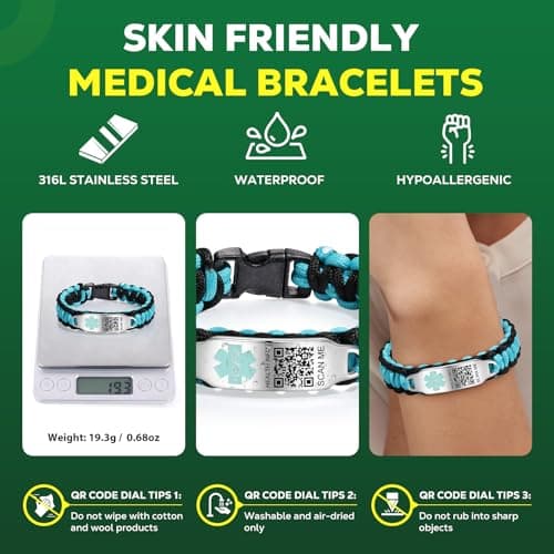 Theluckytag Medical Bracelets Men Women with QR Code Medical Alert ID Bracelets - Nylon Waterproof Wristband Fits Wrists Up to 7'' - More Space Custom Emergency Med ID Alert Info (Green-7.16'')
