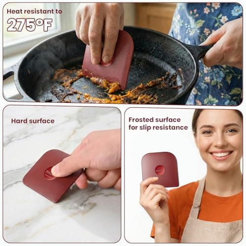 TMEDW Pan Scraper, 5 Pcs Pot Scraper, Pan Scraper Plastic, Multifunctional Scraper Tool for Kitchen, Non-Slip, Food Safe, High Heat Resistant-Red
