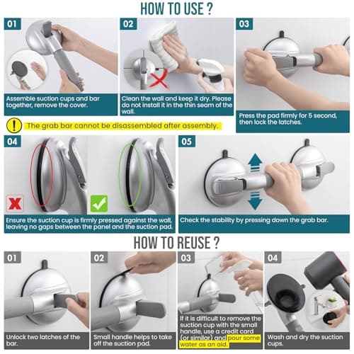TAILI Grab Bars for Bathtubs and Showers,2 Pack Shower Handles for Elderly Suction,Maximum 330lbs,Shower Bar with Upgraded Rubber Suction Cups,Safety Grip for Senior, No Drilling Removable,Silver
