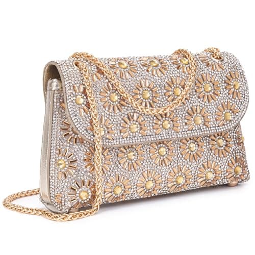 BBTT.ful Bolso cruzado de pedrería con cadena para mujer en color champán