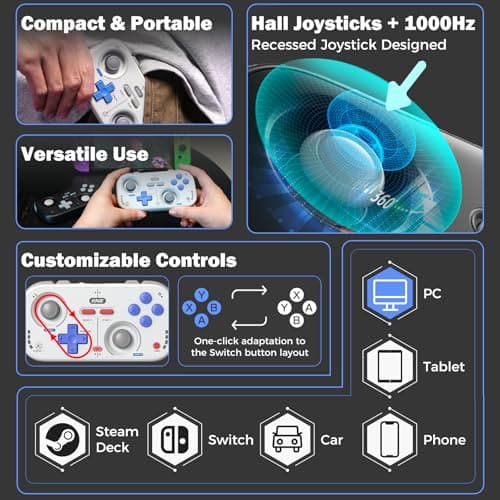 IINE Retro Pocket Wireless Game Controller – Compact Gamepad with Hall Effect Joysticks, Customizable Buttons, 1000Hz Polling Rate – Compatible with PC, Switch, Mobile, Steam Deck, Tablet (Grey)