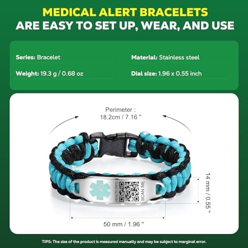 Theluckytag Medical Bracelets Men Women with QR Code Medical Alert ID Bracelets - Nylon Waterproof Wristband Fits Wrists Up to 7'' - More Space Custom Emergency Med ID Alert Info (Green-7.16'')
