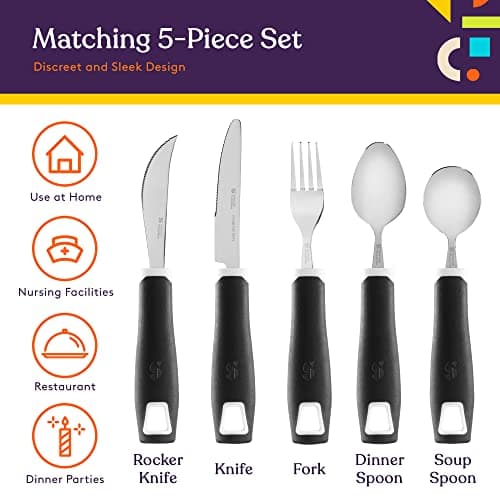 Special Supplies Adaptive Utensils 5-Piece Set Non-Weighted, Non-Slip Handles for Hand Tremors, Arthritis, Parkinson’s or Elderly Use - Stainless Steel Knife, Rocker Knife, Fork, Spoons (Black)