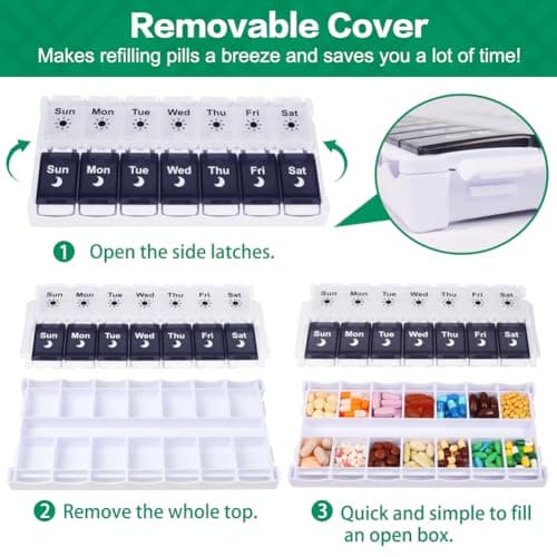 Shintop Pill Organizer 2 Times a Day, Easy Fill Weekly Pill Box Am Pm Push Button Pill Container 7 Day Medicine Organizer for Vitamins Supplements （Black&White）