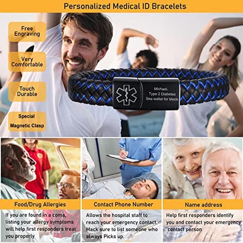 VNOX Medical Alert ID Blood THINNER Blue&Black Braided Leather Stainless Steel Cuff Bracelet
