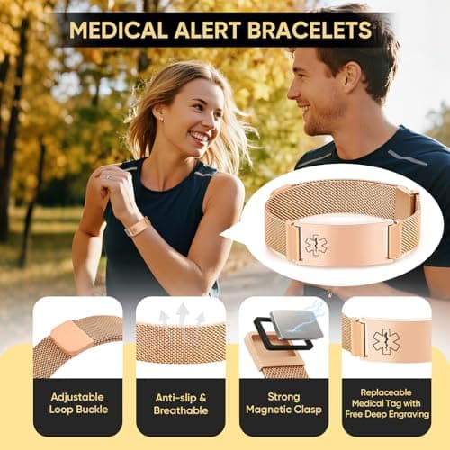 VNOX Medical Alert Id Bracelet for Men Womens,Rose Gold Custom Engraving Adjustable Stainless Steel Customizable Mesh Emergency Survival Medic Bracelets Wristband Loop Band with Replacement Tag