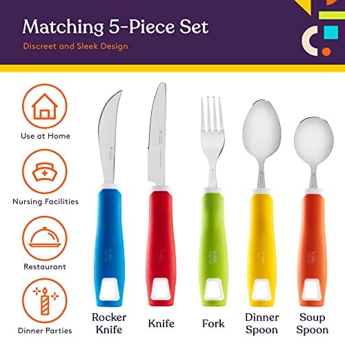 Special Supplies Adaptive Utensils (5-Piece Kitchen Set) Wide, Non-Weighted, Non-Slip Handles for Hand Tremors, Arthritis, Parkinson’s or Elderly Use - Stainless Steel Knives, Fork, Spoons