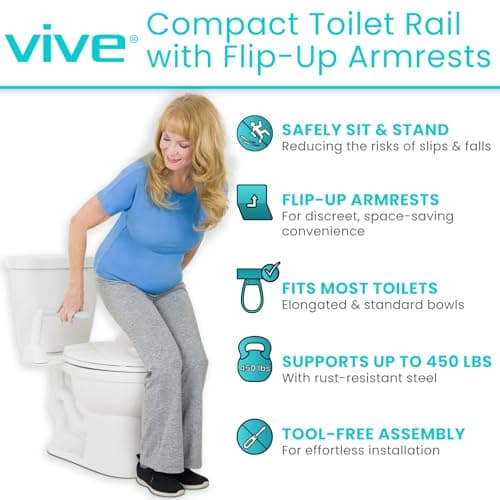 Vive Toilet Safety Rail with Flip-Up Handles - 450 lb Capacity Senior Safety Frame for Elderly & Disabled - Handicap Grab Bar Riser Stand Assist with Arms for Bathroom Assistance & Raised Toilets