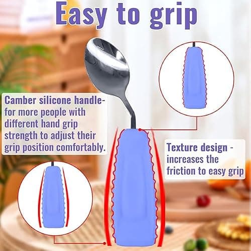 Ehucon Adaptive Utensils Angled Spoon and Fork for Hand Tremors Parkinsons,Weighted Utensils with Non-Slip Easy Grip Handles for Independent Eating (1pcs Spoon+1pcs Fork=2 pcs,Purple,Right Hand)