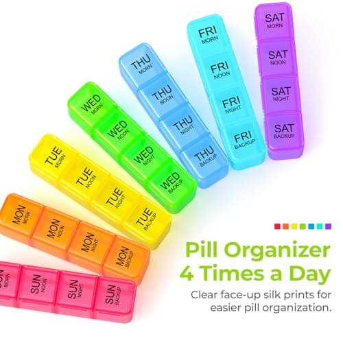 AUVON Weekly Pill Organizer 4 Times a Day with Face-Up Labels for Easy Track, Large Pill Box 7 Day with Dual Protection, Removable Containers for Travel, Pill Case for Medication, Vitamins, Fish Oils