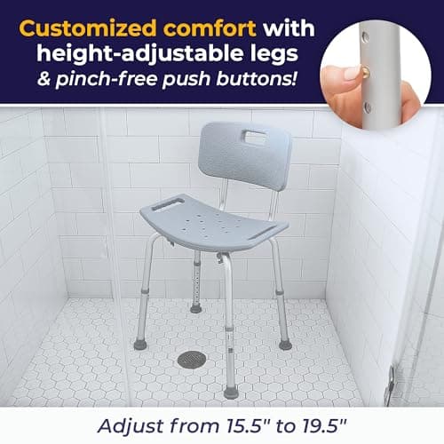 Drive Medical Shower Chair with Back - Adjustable Bathroom Bench - Suction Feet - Lightweight Durable Construction - Comfortable Contoured Seat - Grey