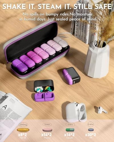 Weekly Pill Organizer 2 Times a Day, 7 Day Travel Medicine Pill Organizer with Moisture-Proof Silicone Lid, AM PM Daily Pill Box for Vitamins & Supplements, Aesthetics Pill Case(Purple)