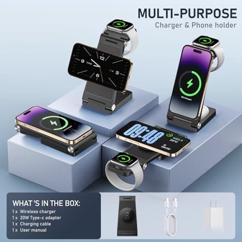 Magnetic Wireless Charger Stand, 3 in 1 Foldable Wireless Charging Station with 20W Adapter, Travel Charger for Multiple Devices for iPhone 17 16 15 14 13 12 Pro/Max/Plus/Mini, iWatch, AirPods