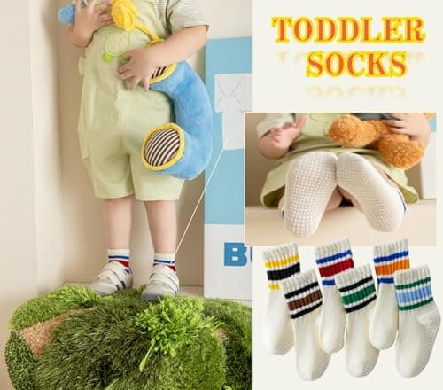 Wamvp Toddler Grip Socks with Non-Slip, Unisex Baby Retro Stripe Seamless Crew Ankle Cotton Socks for Girls Boys 6 Pairs,Colorful-1 3-5T