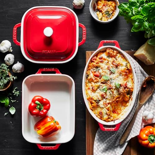 Staub Ceramic 4-pc Baking Pans Set, Casserole Dish with Lid, Brownie Pan, Cherry