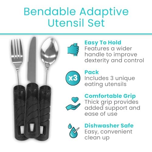 Vive Adaptive Utensil Set - Arthritis Aid Silverware for Parkinsons, Hand Tremors - Easy Grip for Shaking and Trembling Hands - Heavy Stainless Steel Spoon (Bendable)