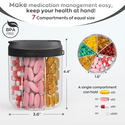 Hionxmga Pill Bottle Organizer with 7 Large Compartments, Pill Dispenser for Travel, Supplement Organizer with Anti-Mixing Design, BPA-Free Pill Container with 20 Pcs Labels, Black