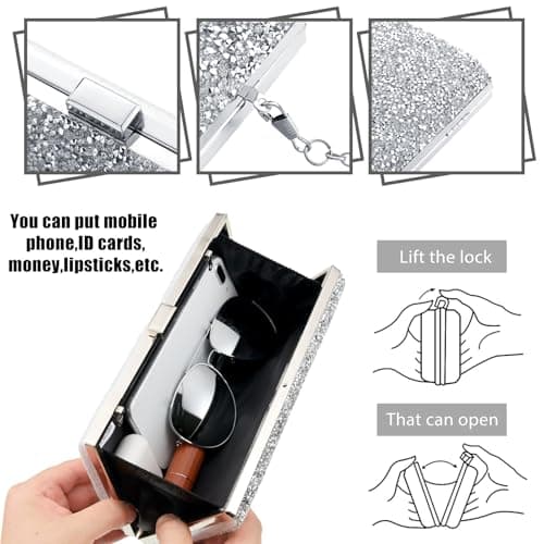 Kigeli 4 Pieces Women Rhinestone Evening Clutch Bag Bling Earring Necklace Bracelet for Wedding Graduation Prom(Silver)
