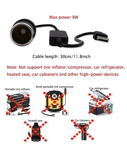 WYMECT USB A Male to 12V Car Cigarette Lighter Socket Female Converter Cable (8W Max)