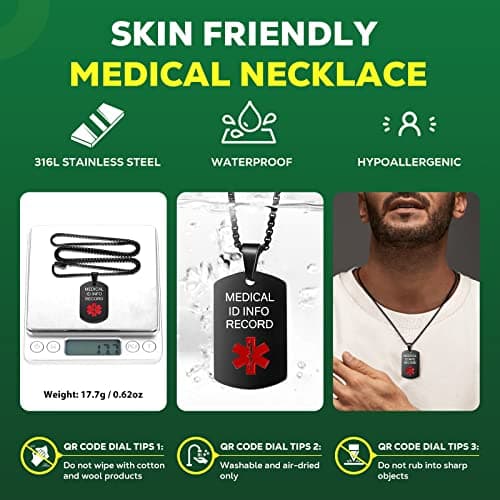 Theluckytag Medical Alert Necklace for Men Women - Stainless Steel Medical Necklace Engraved QR Code Medical ID Necklac- More Space Custom Online Emergency Med Info
