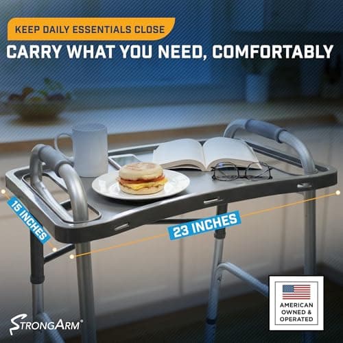 StrongArm Solid Gray Walker Tray with Cup Holder, Tray for Folding Walkers, Food Tray, Walker Accessories, Tray Table for Standard Adult Walkers (Gray)