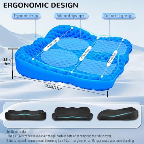 Cooling Gel Seat Cushion, Thickened Big Breathable Honeycomb Design Absorbs Pressure Points Gel Cushion with Anti-Slip Cover Cooling Seat Cushion for Office Chair Home Car Seat Cushion for Wheelchair