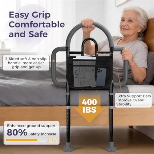 EASYVAVA Bed Rails for Elderly Adults Safety, Adjustable Bed Assist Rail - Portable Bed Cane Supports 400 Lbs,ASTM Approved Bedside Safety & Stability for Seniors,for Bed Frames 14.57"-20.67"