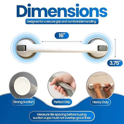 Safe-er-Grip Changing Lifestyles Suction Cup Grab Bars For Bathtubs & Showers; Safety Bathroom Assist Handle, White & Grey, 16 Inches