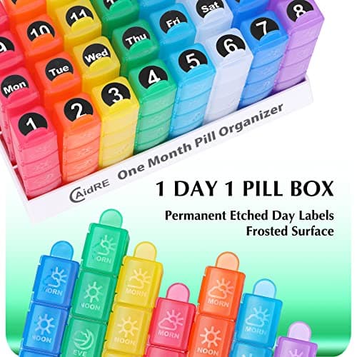 CAidRE Monthly Pill Organizer 4 Times A Day, One Month Pill Organizer, Monthly Pill Box Organizer with 32 Daily Compartments for Fish Oil, Vitamins, Supplements and Medications, 31 Day Pill Case