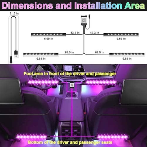 BFXM Car Interior Lights, 5V LED Strip Lights with USB Adapter, Ambient Lighting Car Accessories, App & Remote Control Music Sync Color Change Lights for Truck Car Decor (36LED Beads)